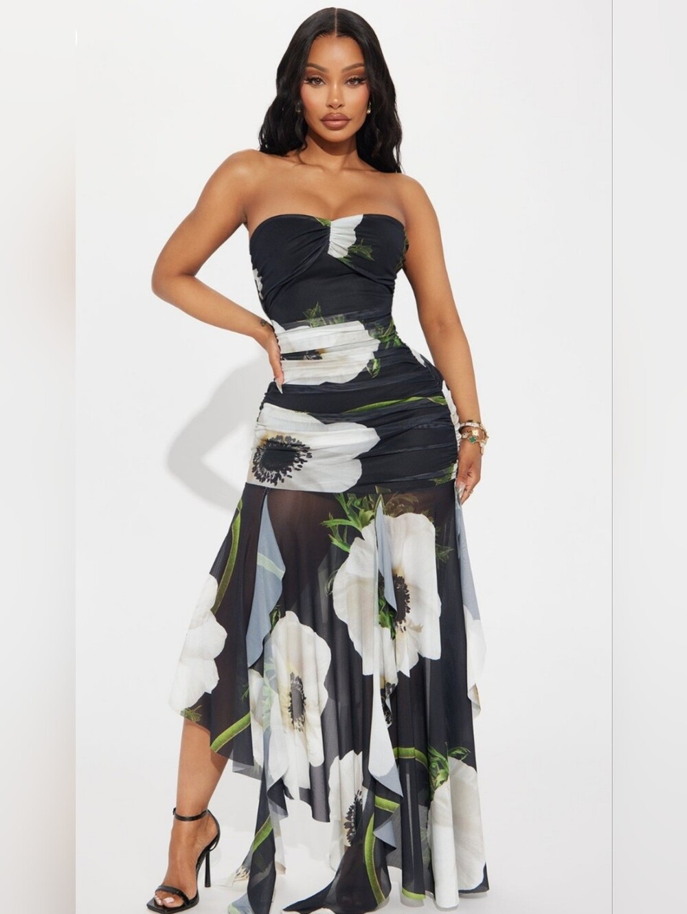 Floral Strapless Mesh Maxi Black Dress Size L *Brand New*